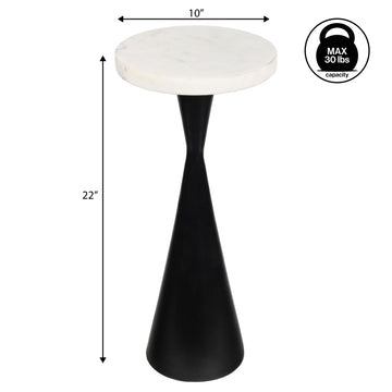 Ziggy 22" Contemporary Designer Metal Drink Table and Decorative End Table with White Marble Round Top and Cone Pedestal Base